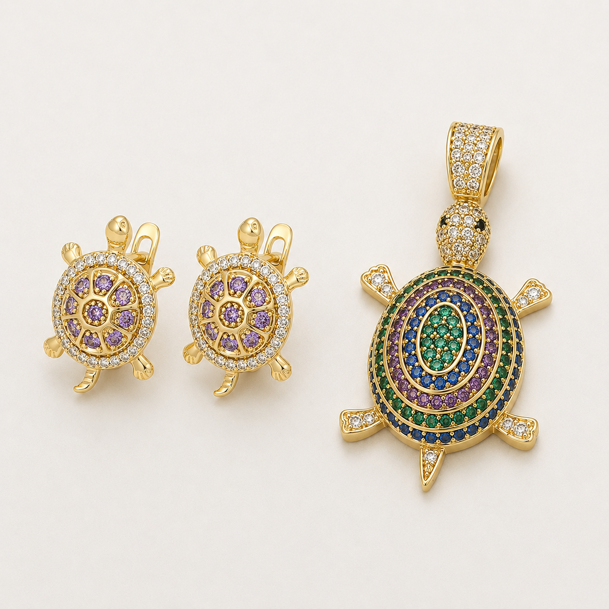 Gold Turtle Jewellery Set with Multicolour Pendant Necklace & Purple Stone Earrings