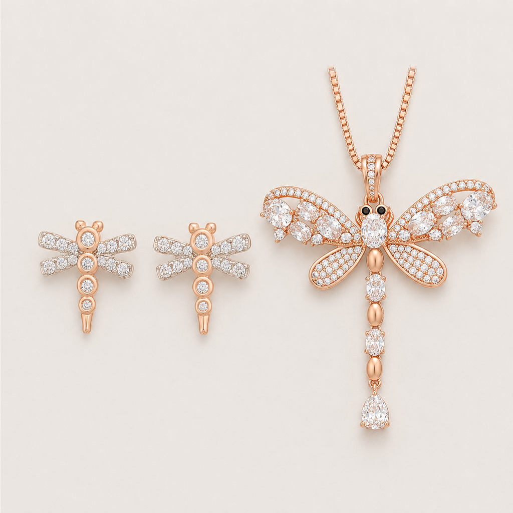 Dragonfly Jewellery Set with Rose Gold Pendant Necklace & Two-Tone Earrings
