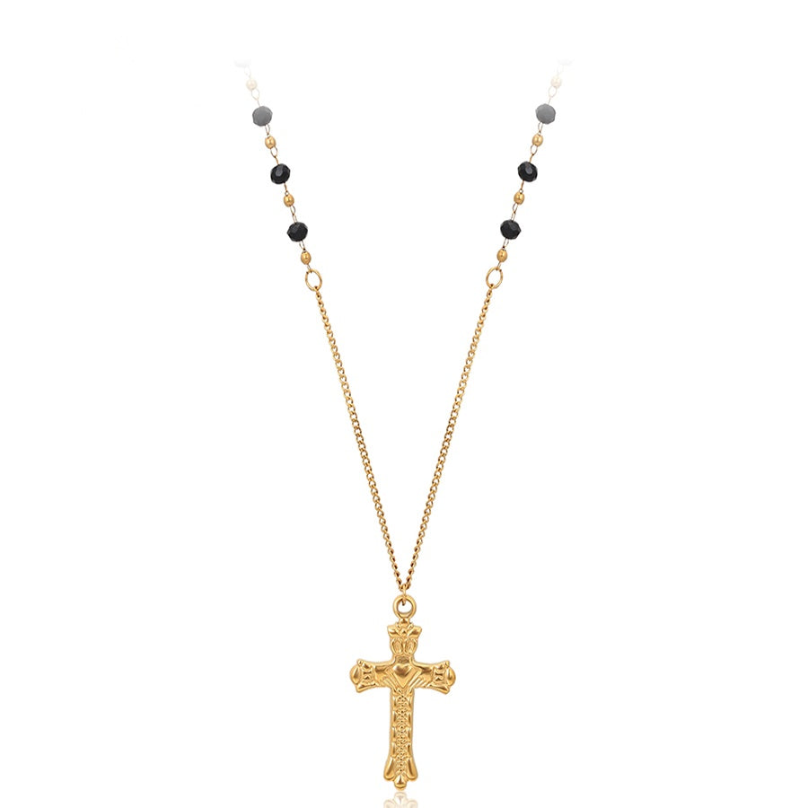 Gold Cross Pendant Necklace with Black Beads