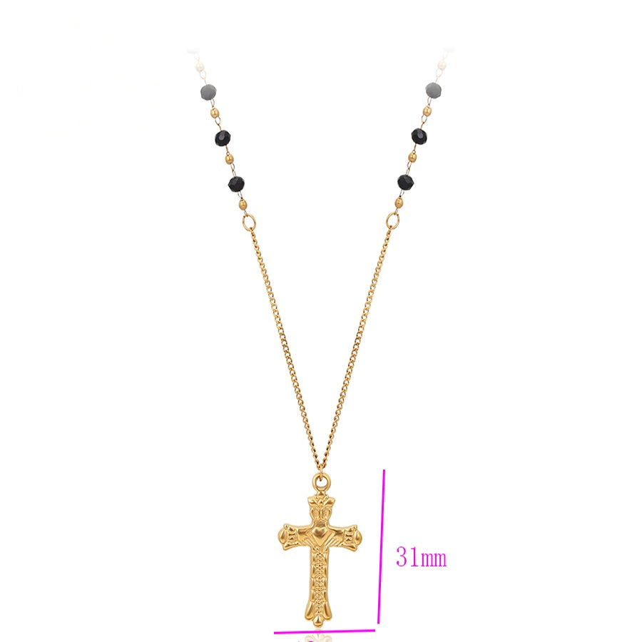 Gold Cross Pendant Necklace with Black Beads
