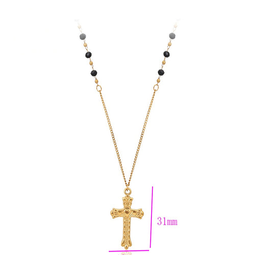 Gold Cross Pendant Necklace with Black Beads
