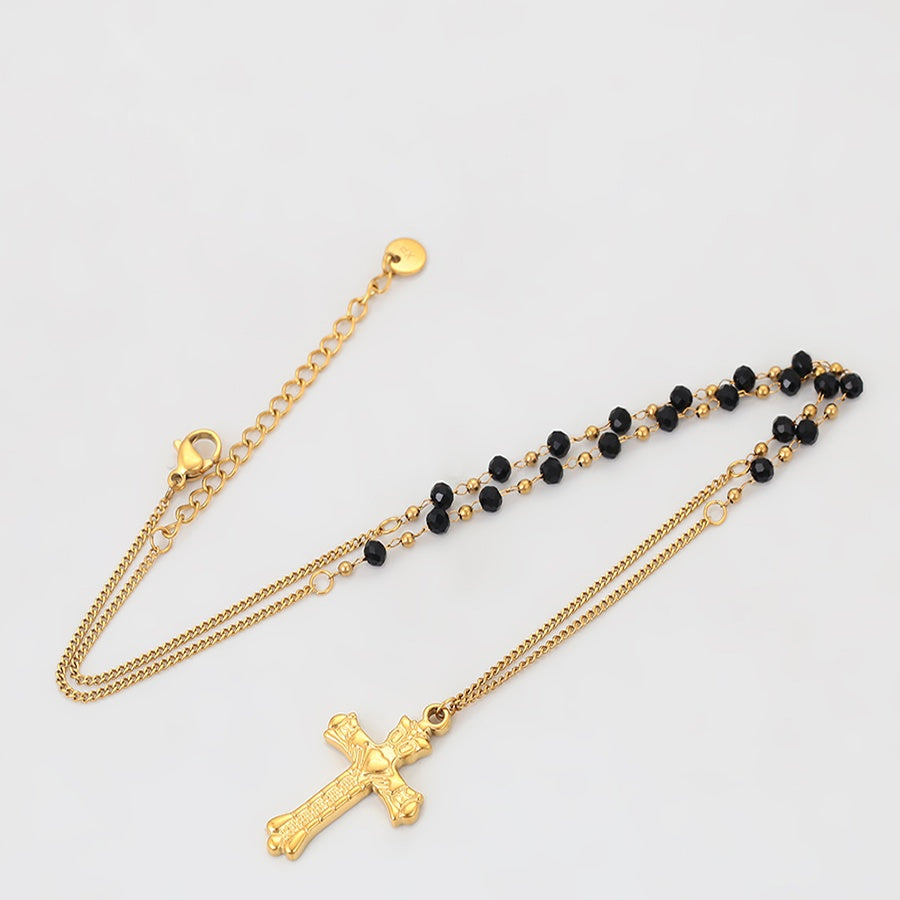 Gold Cross Pendant Necklace with Black Beads