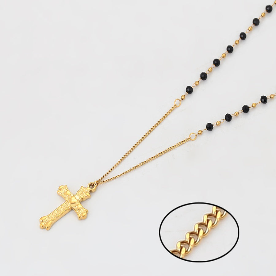 Gold Cross Pendant Necklace with Black Beads