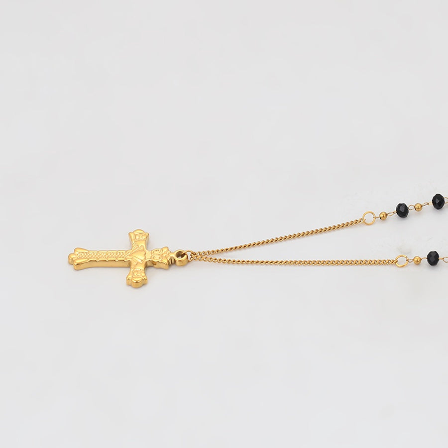 Gold Cross Pendant Necklace with Black Beads