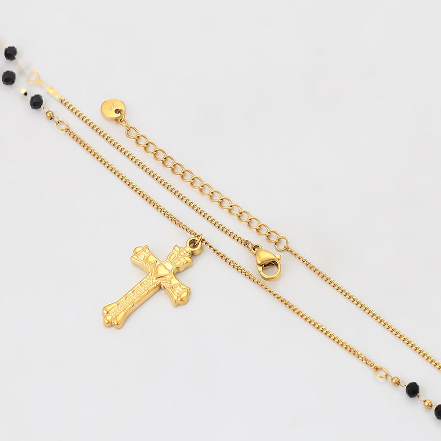 Gold Cross Pendant Necklace with Black Beads