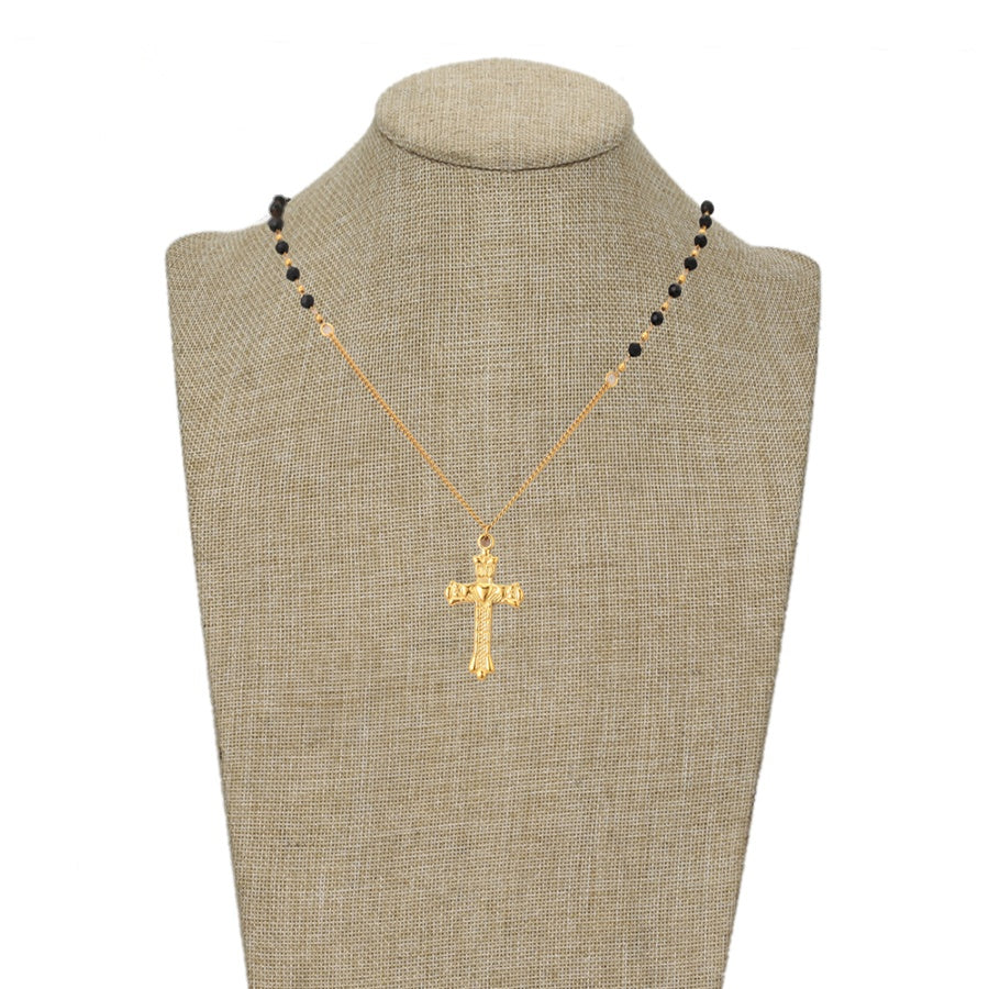 Gold Cross Pendant Necklace with Black Beads