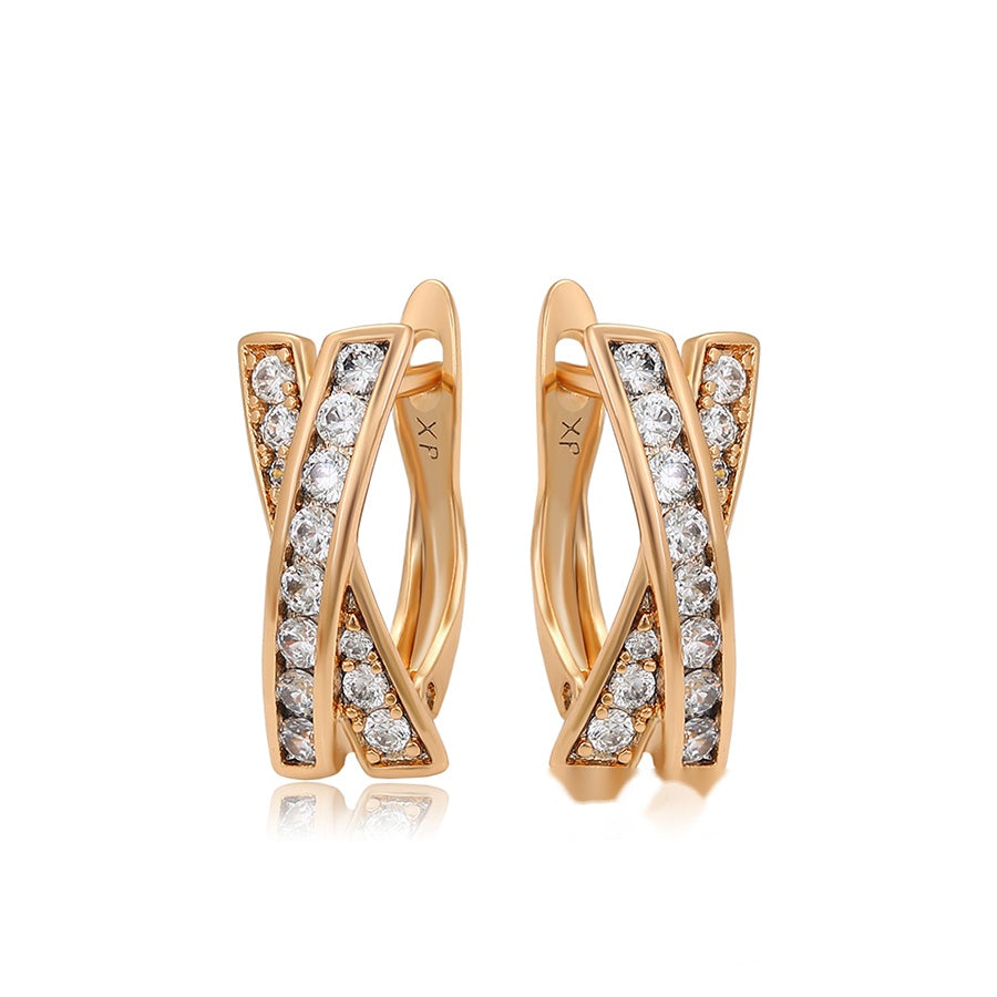 Rose Gold Cross Hoop Earrings with Clear Stones