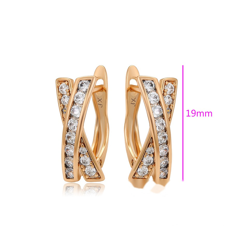 Rose Gold Cross Hoop Earrings with Clear Stones