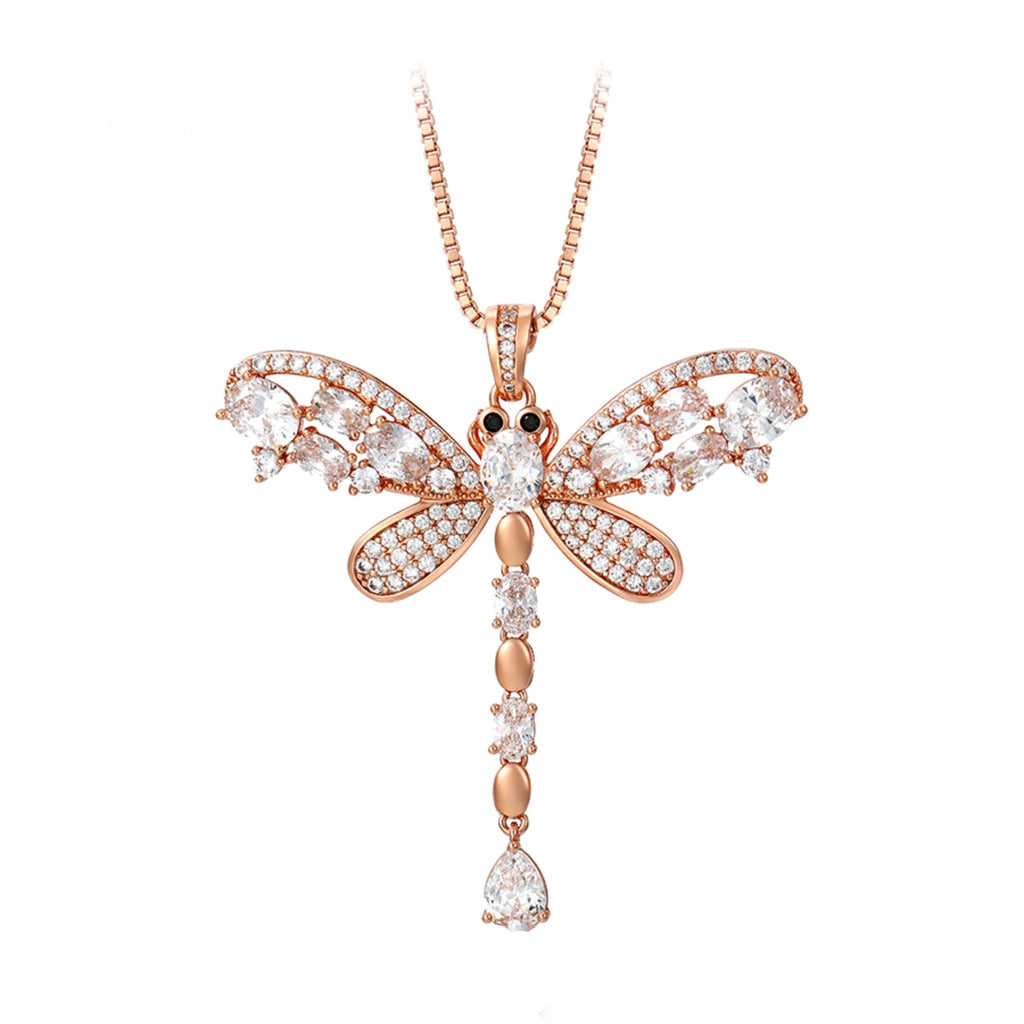 Dragonfly Jewellery Set with Rose Gold Pendant Necklace & Two-Tone Earrings