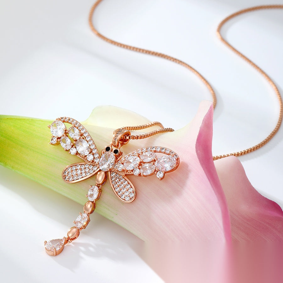 Dragonfly Jewellery Set with Rose Gold Pendant Necklace & Two-Tone Earrings