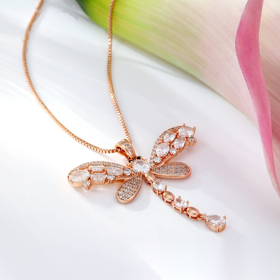 Dragonfly Jewellery Set with Rose Gold Pendant Necklace & Two-Tone Earrings