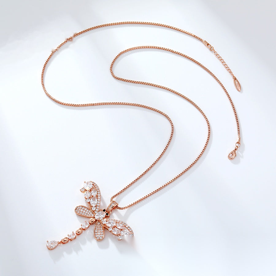 Dragonfly Jewellery Set with Rose Gold Pendant Necklace & Two-Tone Earrings