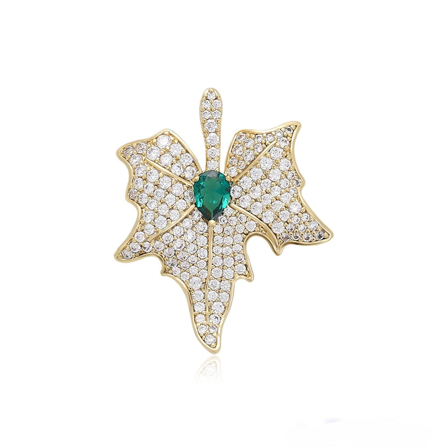Gold Leaf Pendant Necklace with Green Stone