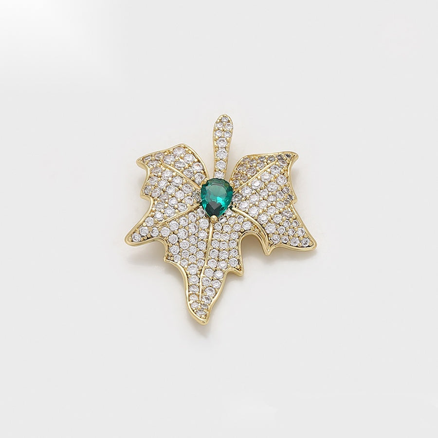 Gold Leaf Pendant Necklace with Green Stone