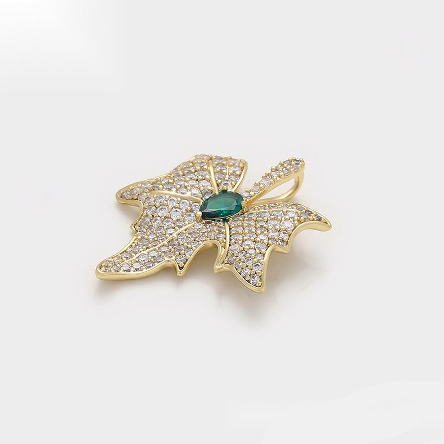 Gold Leaf Pendant Necklace with Green Stone