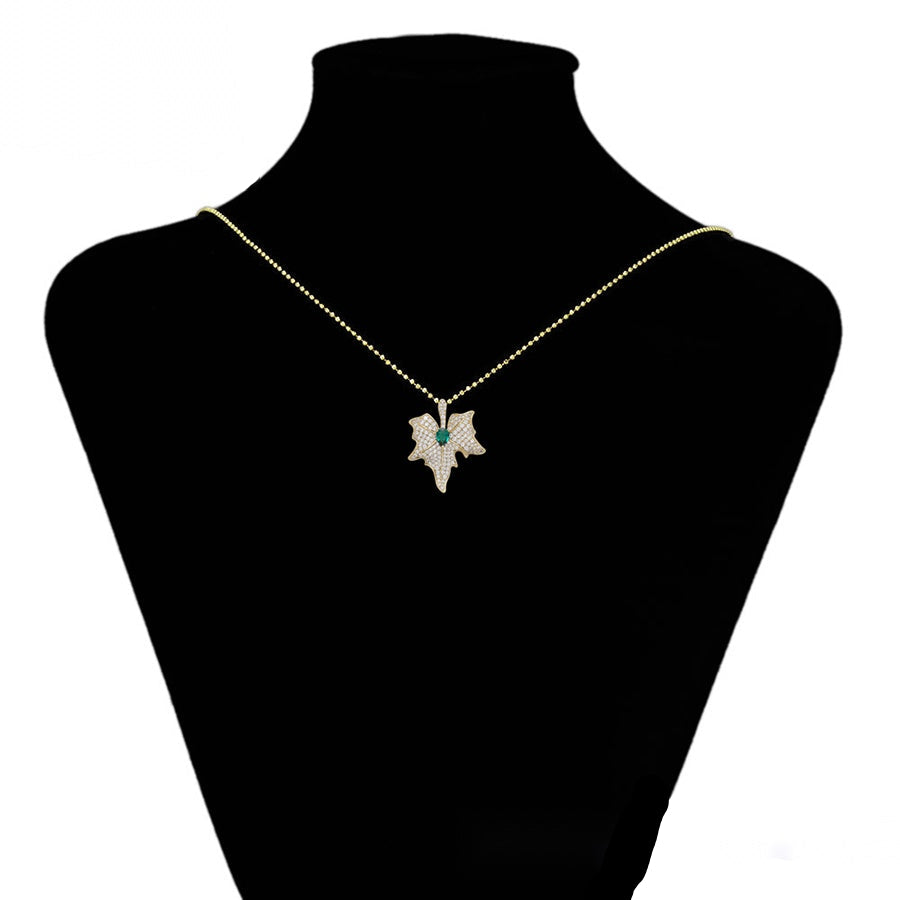 Gold Leaf Pendant Necklace with Green Stone