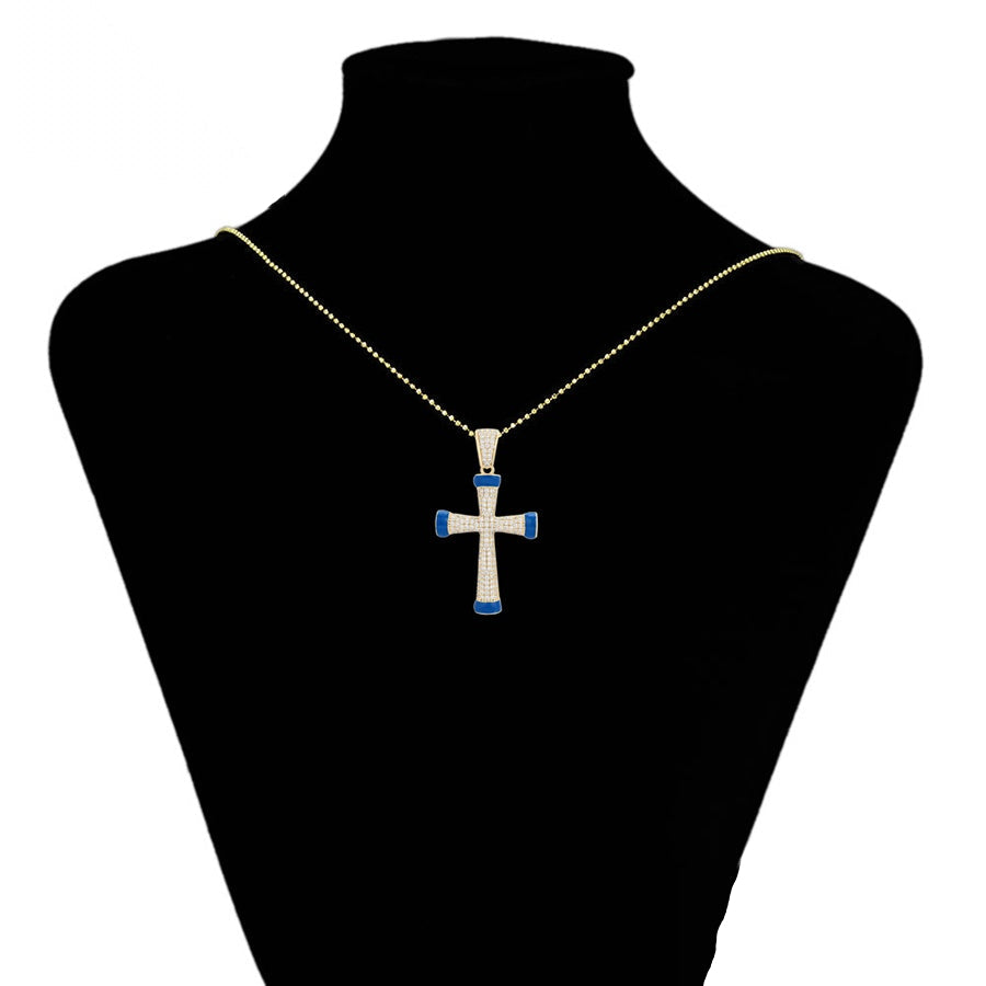 Gold & Blue Cross Pendant Necklace