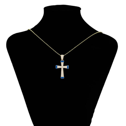 Gold & Blue Cross Pendant Necklace