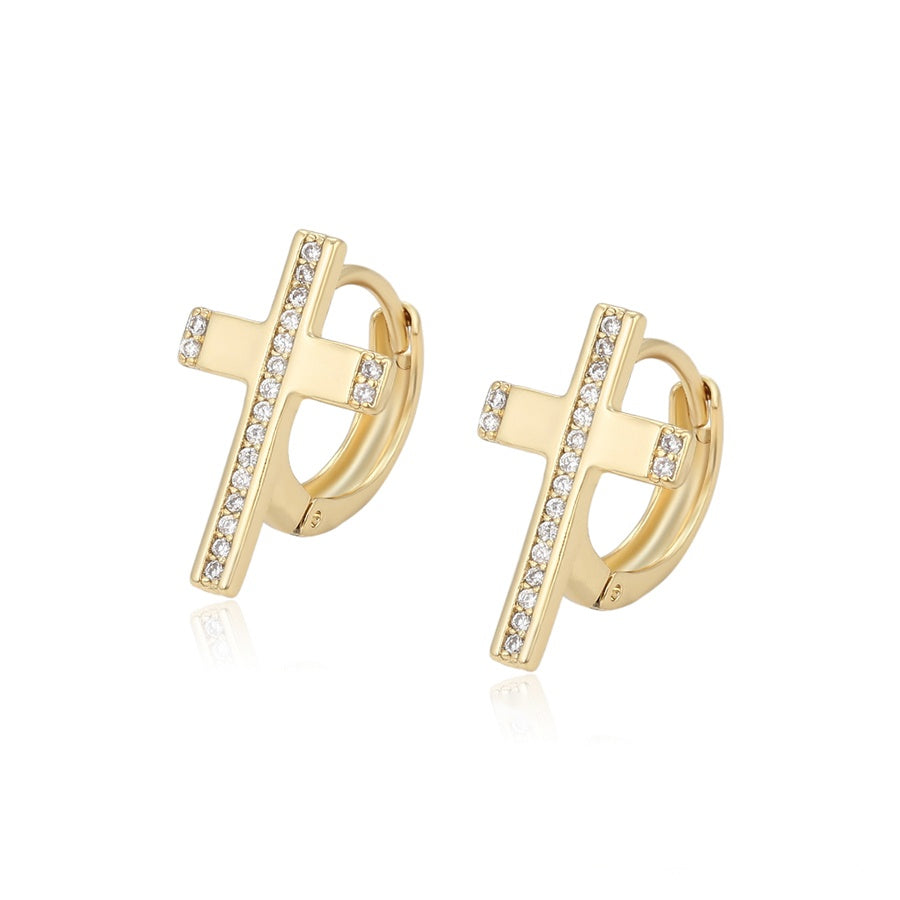 Gold Cross Hoop Earrings with Clear Stones