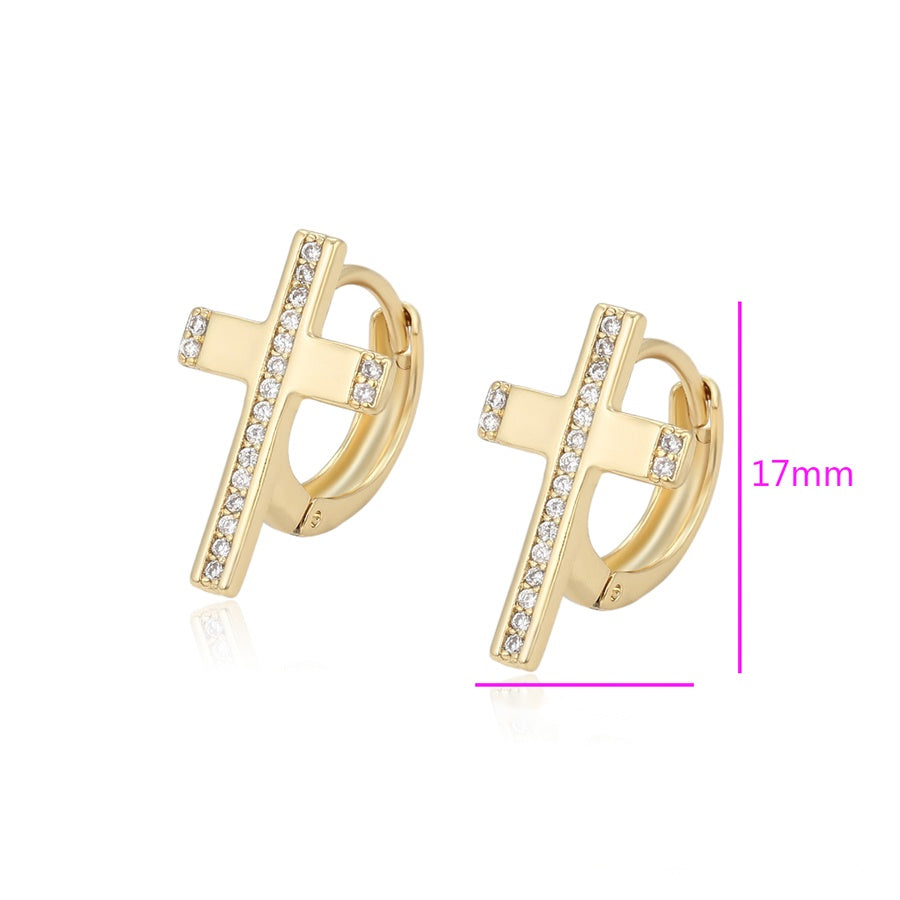 Gold Cross Hoop Earrings with Clear Stones