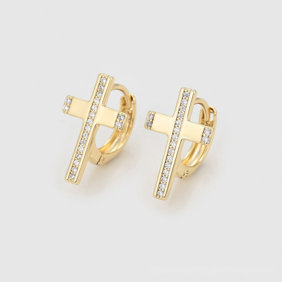 Gold Cross Hoop Earrings with Clear Stones