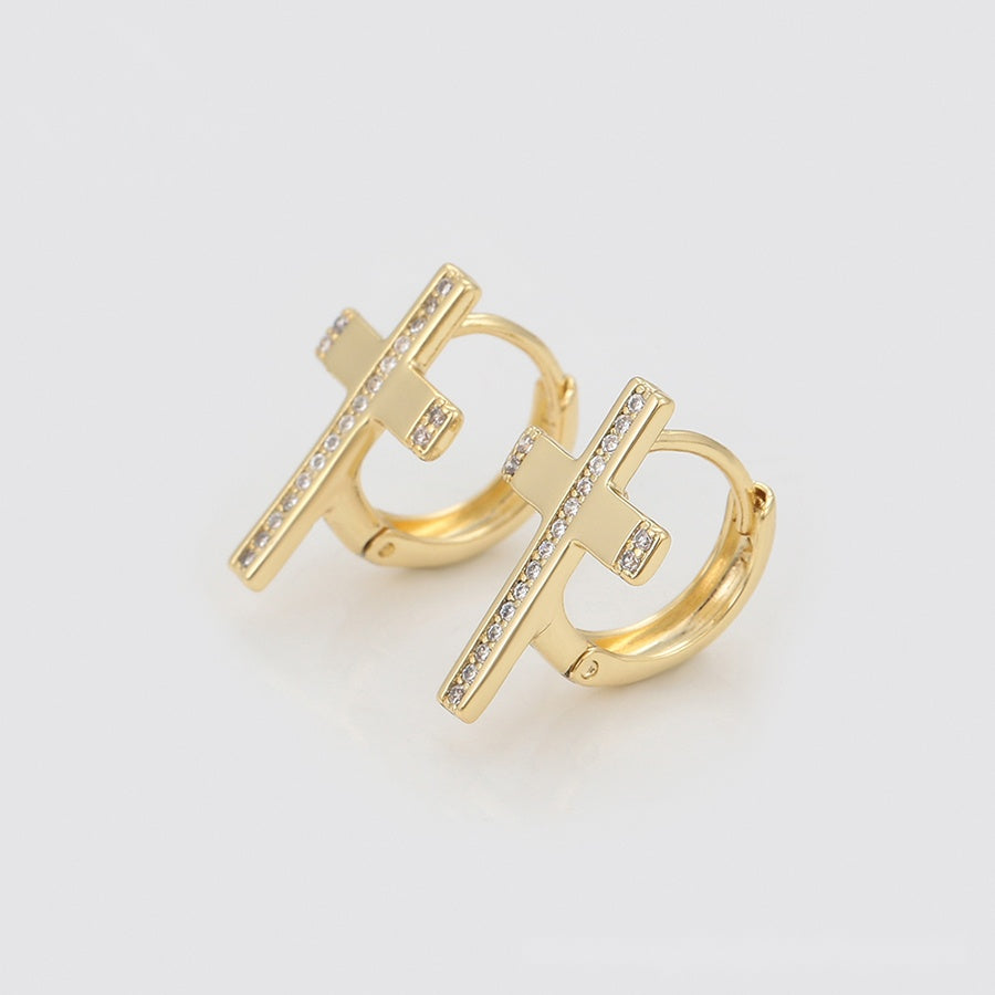 Gold Cross Hoop Earrings with Clear Stones