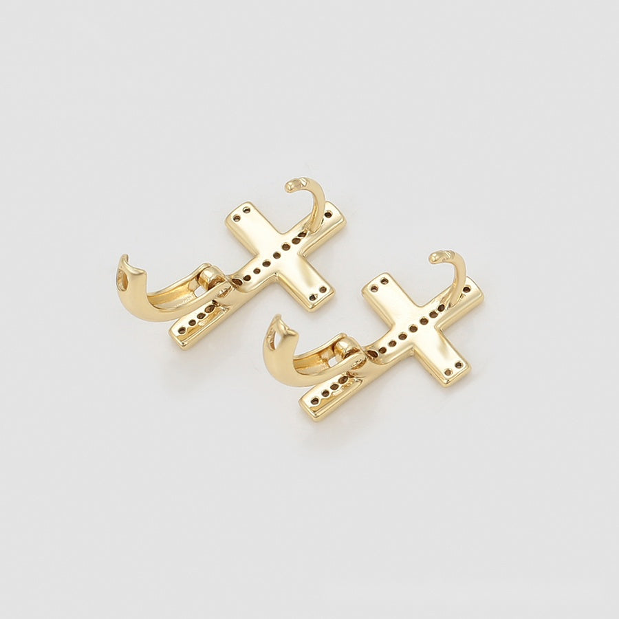 Gold Cross Hoop Earrings with Clear Stones