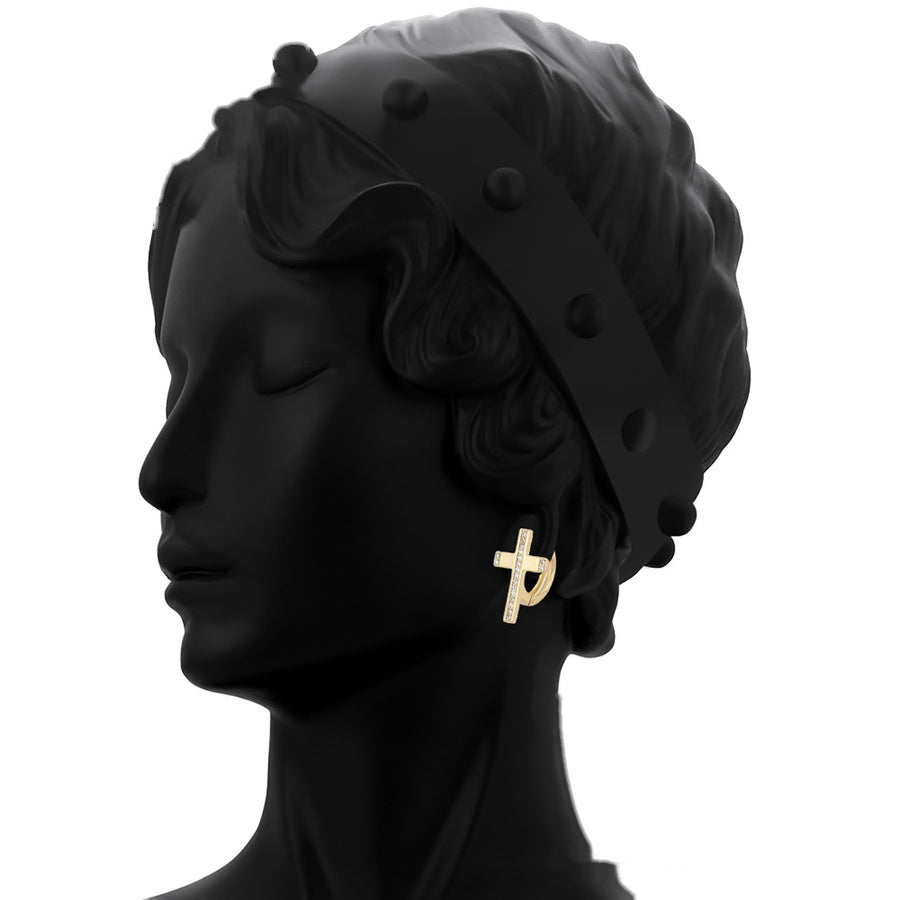 Gold Cross Hoop Earrings with Clear Stones