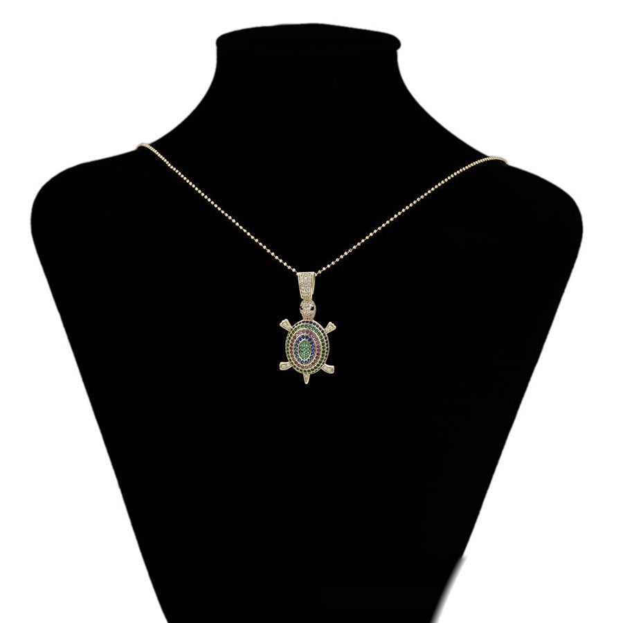 Gold Turtle Jewellery Set with Multicolour Pendant Necklace & Purple Stone Earrings