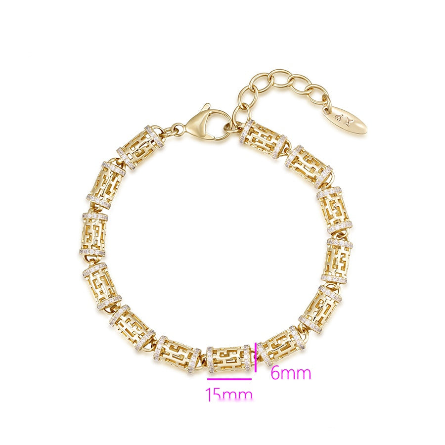 Gold Greek Key Barrel Link Bracelet