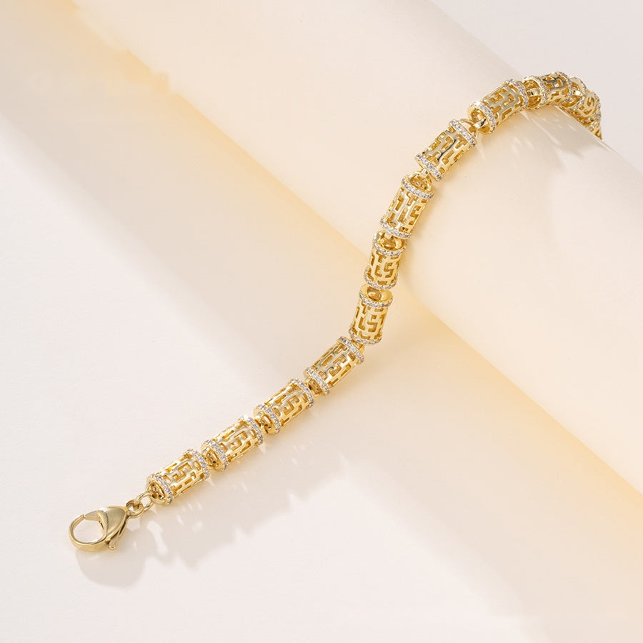 Gold Greek Key Barrel Link Bracelet