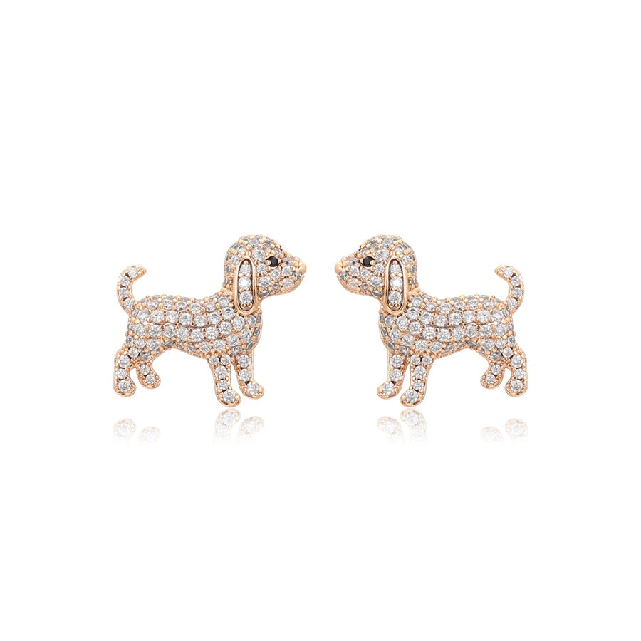 Rose Gold Puppy Stud Earrings with Clear Stones