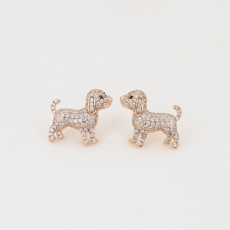 Rose Gold Puppy Stud Earrings with Clear Stones