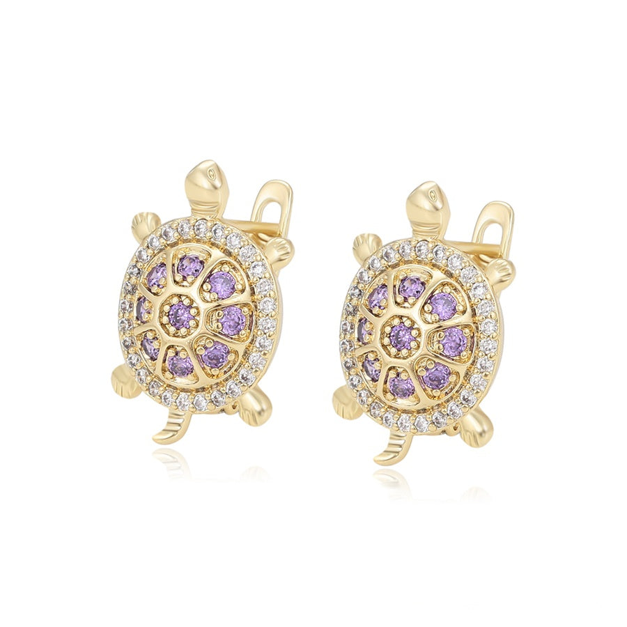 Gold Turtle Jewellery Set with Multicolour Pendant Necklace & Purple Stone Earrings