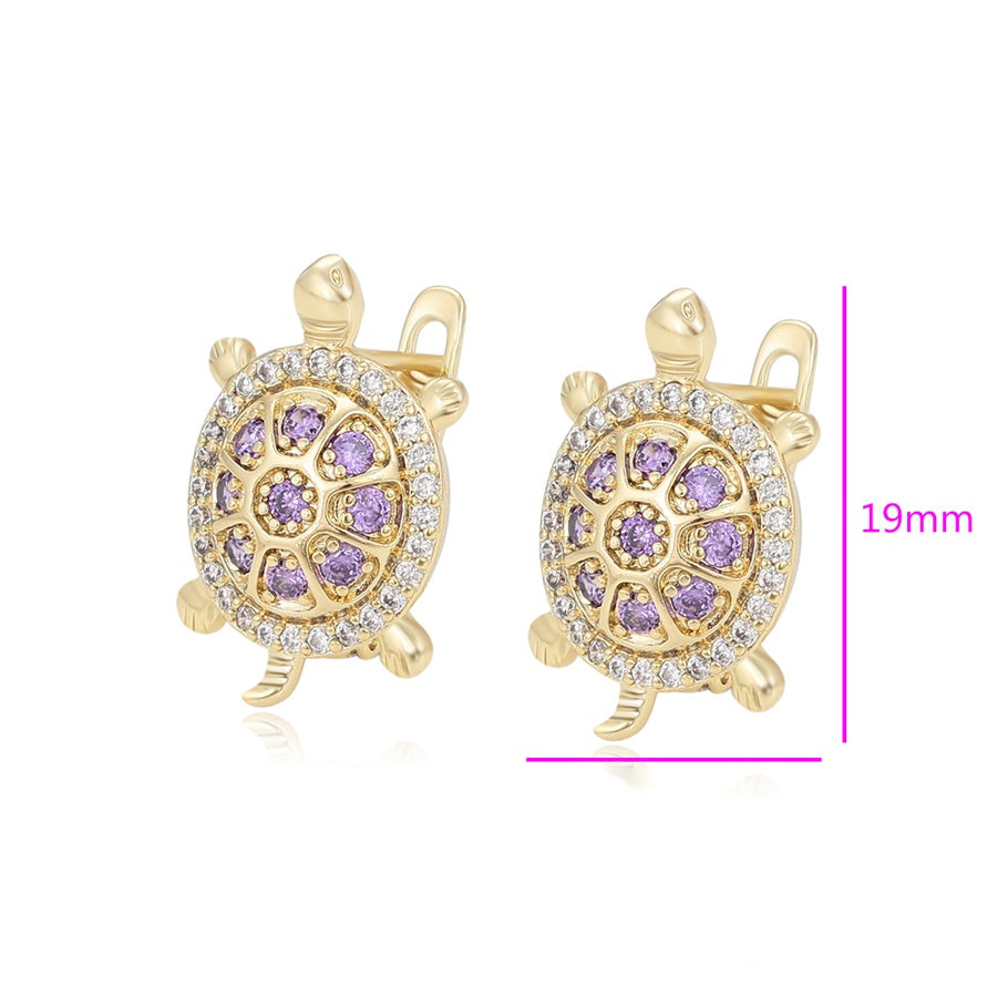 Gold Turtle Jewellery Set with Multicolour Pendant Necklace & Purple Stone Earrings