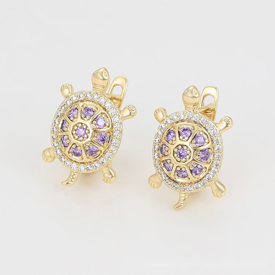 Gold Turtle Earrings with Purple & Clear Stones