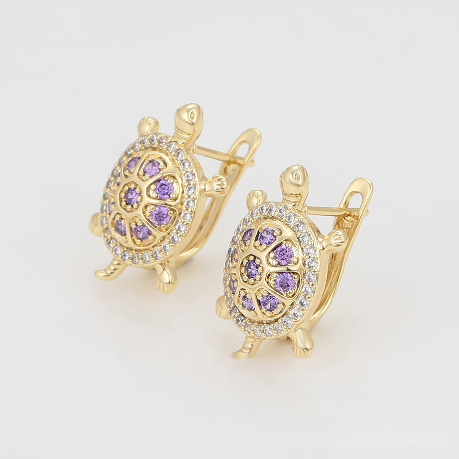 Gold Turtle Jewellery Set with Multicolour Pendant Necklace & Purple Stone Earrings