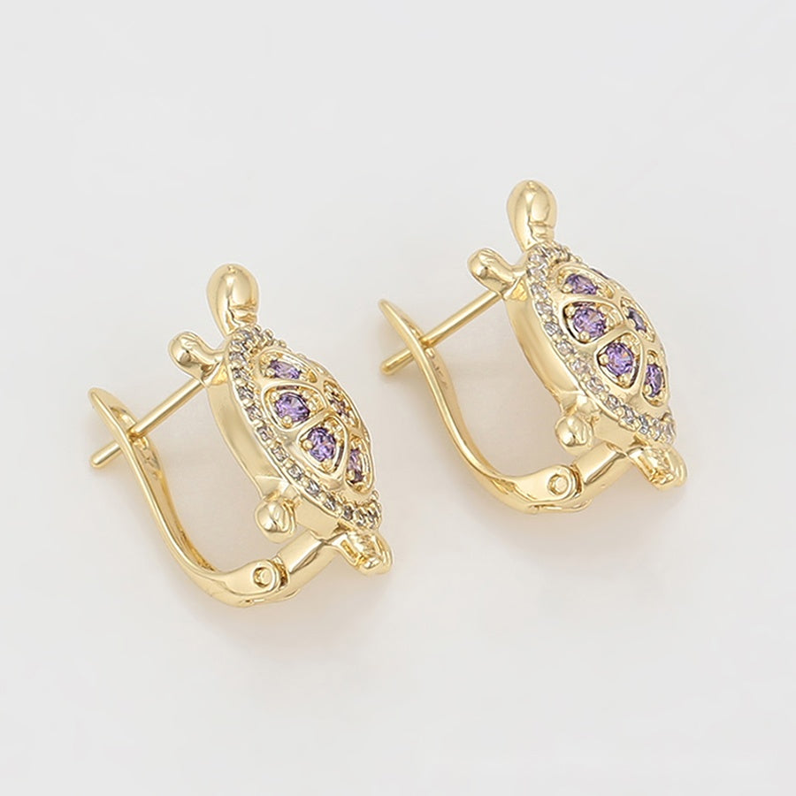 Gold Turtle Earrings with Purple & Clear Stones