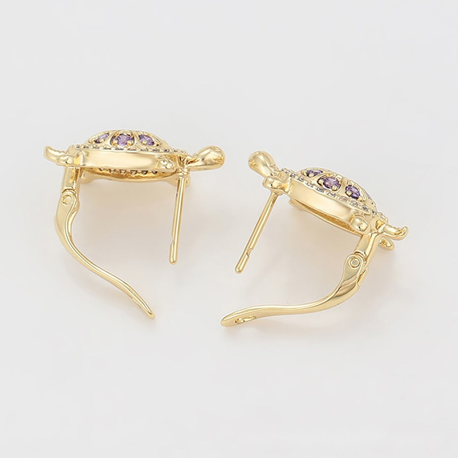 Gold Turtle Earrings with Purple & Clear Stones