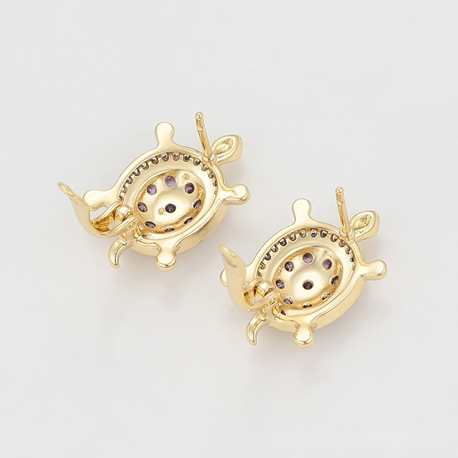 Gold Turtle Earrings with Purple & Clear Stones