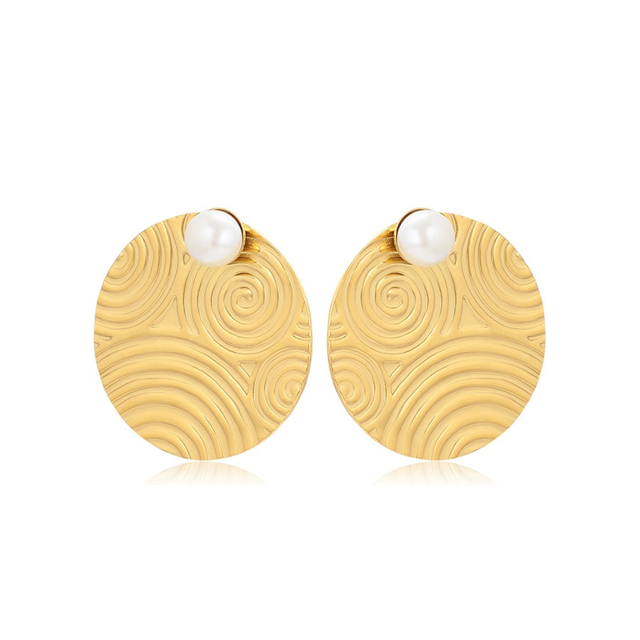 Gold Swirl Disc Pearl Stud Earrings