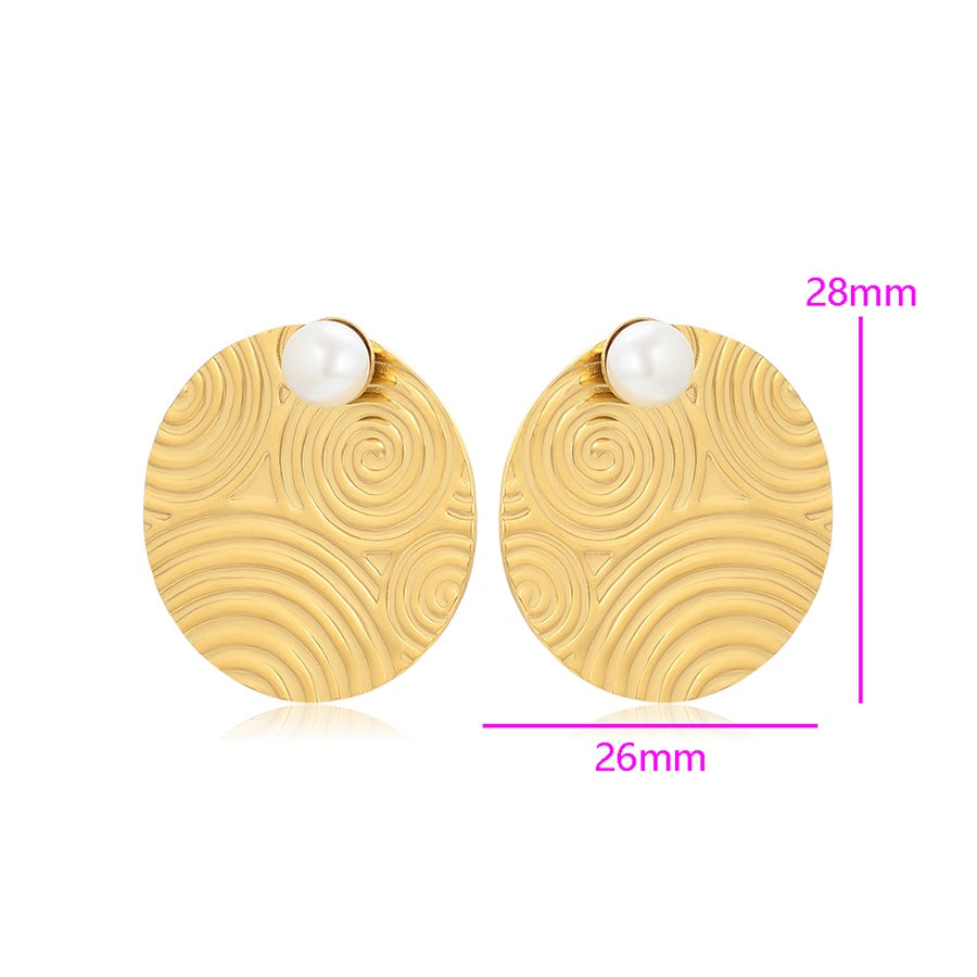 Gold Swirl Disc Pearl Stud Earrings