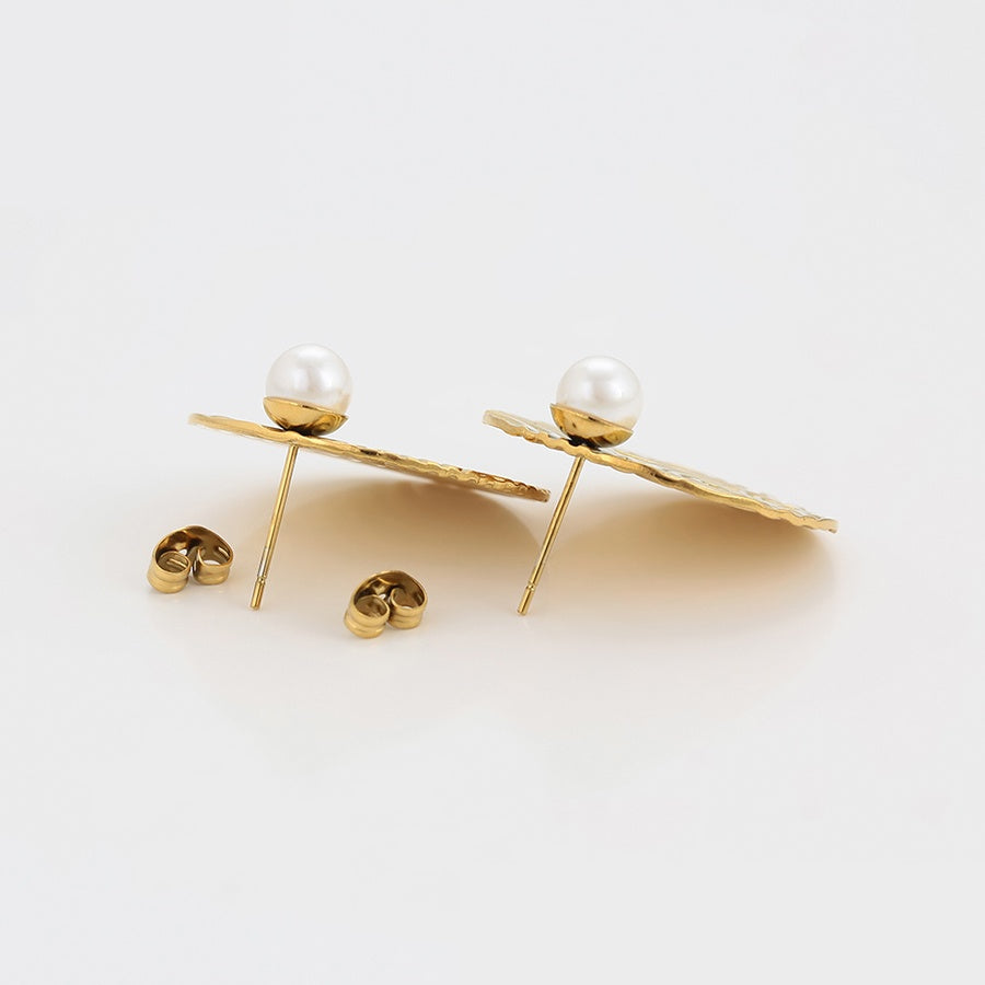 Gold Swirl Disc Pearl Stud Earrings