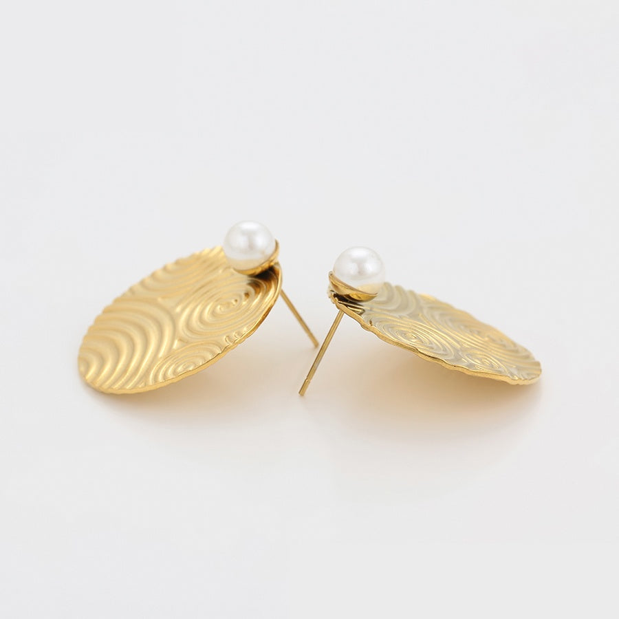 Gold Swirl Disc Pearl Stud Earrings