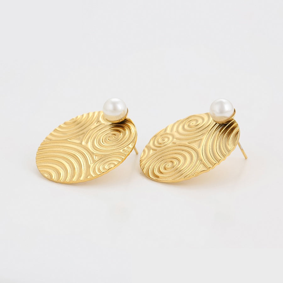 Gold Swirl Disc Pearl Stud Earrings