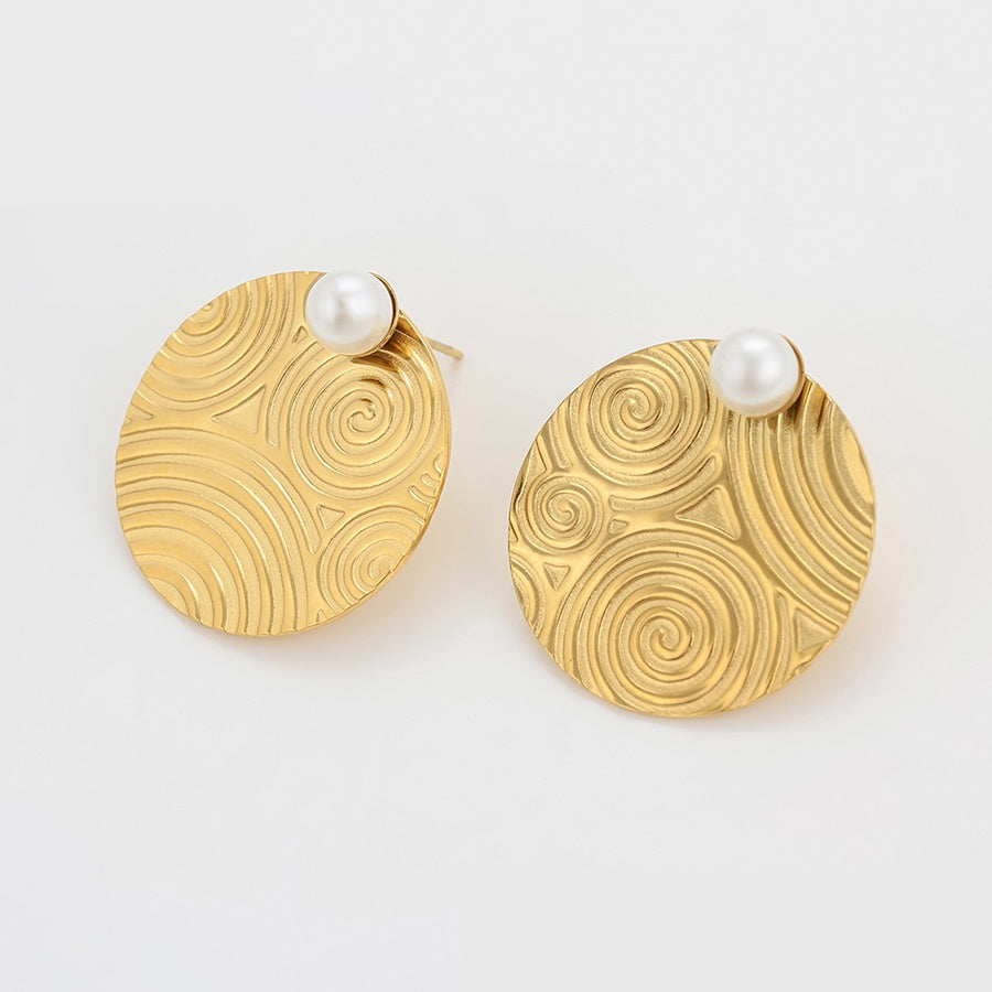 Gold Swirl Disc Pearl Stud Earrings
