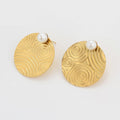Gold Swirl Disc Pearl Stud Earrings