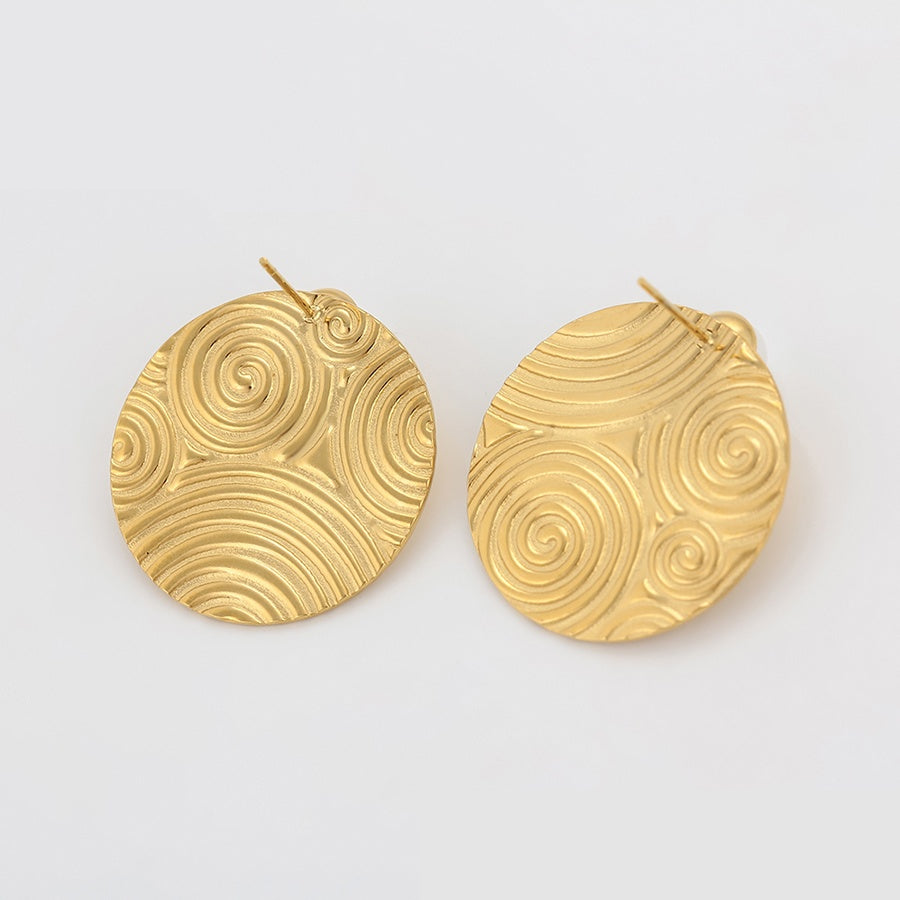 Gold Swirl Disc Pearl Stud Earrings