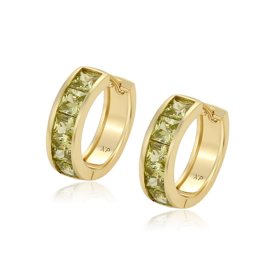 Gold Huggie Hoop Earrings with Green Stones