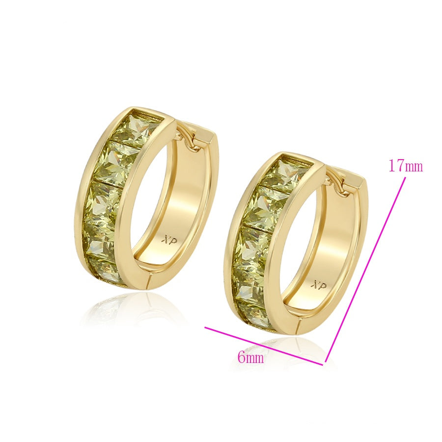 Gold Huggie Hoop Earrings with Green Stones
